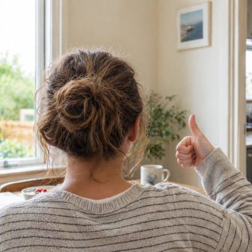Woman giving a thumbs up by a kitchen window