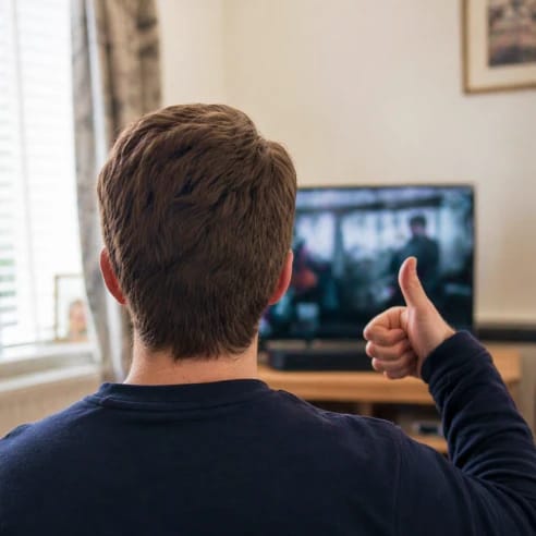 Man giving a thumbs up while watching TV at home