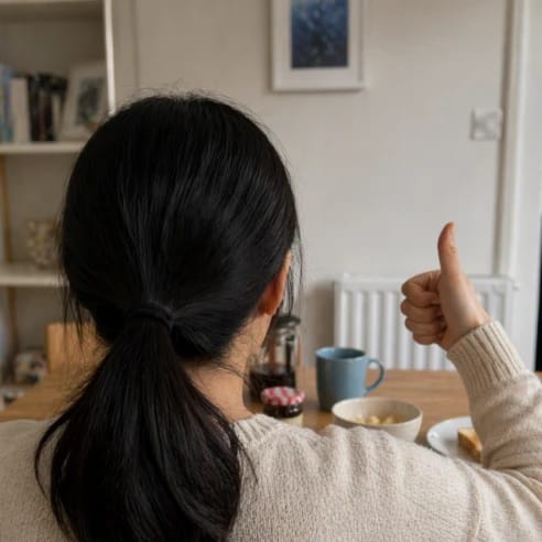 Woman giving a thumbs up at the breakfast table