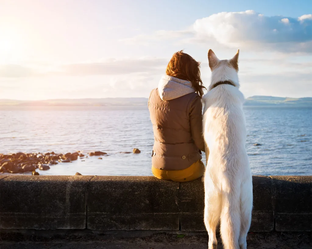 Woman and Dog Looking to Horizon